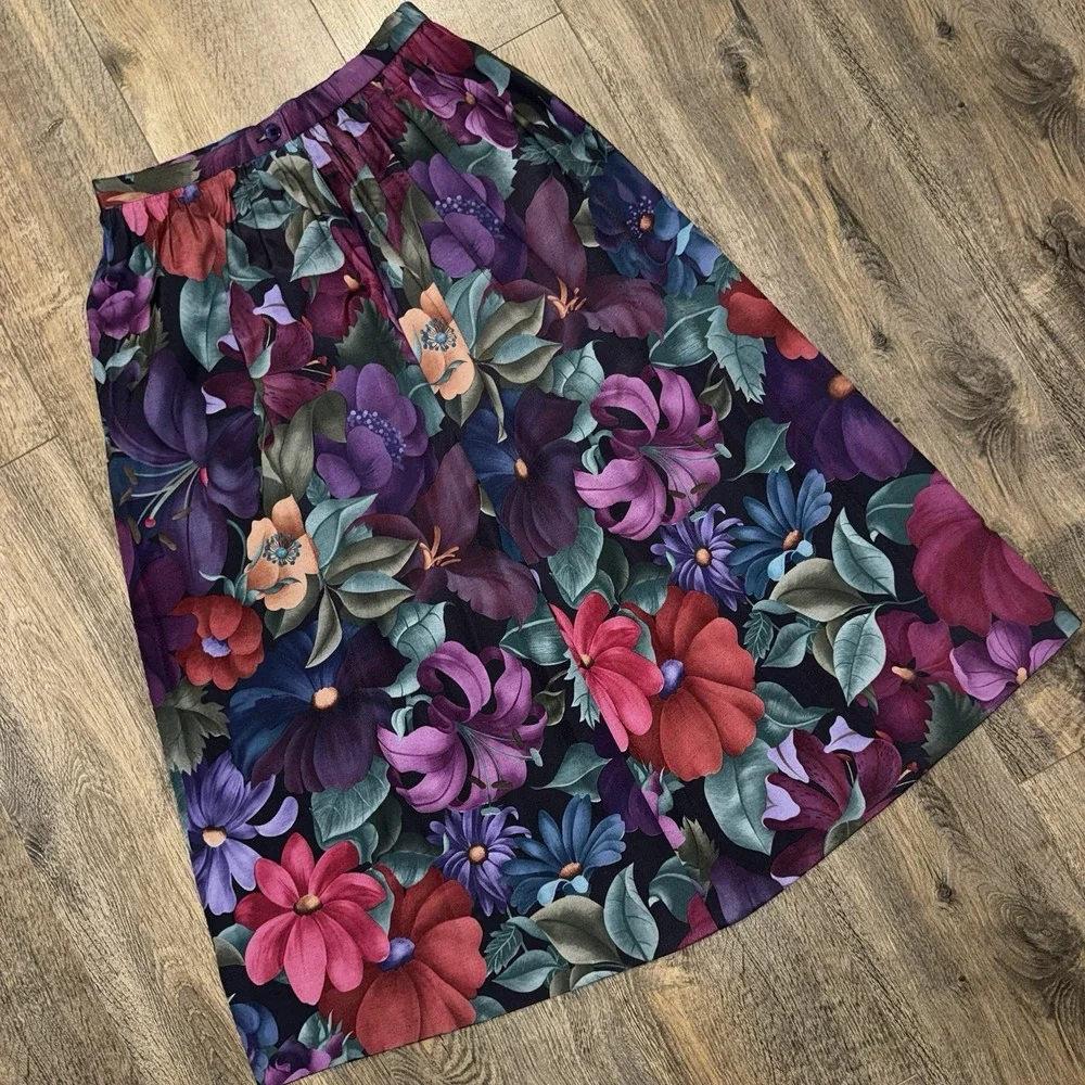 Vintage Alfred Dunner Midi Skirt Womens Sz 8 Bright Floral Dark Romantic USA‎